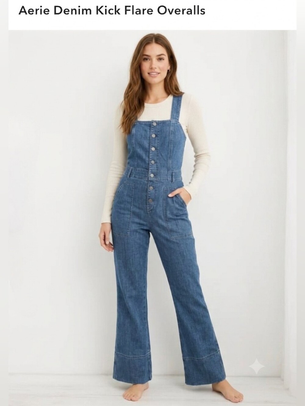Aerie Medium Blue Button-Front Wide Leg Denim Overalls